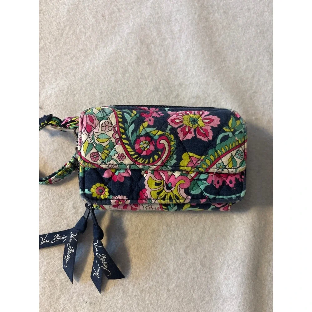 Vera Bradley Wristlet Wallet Womens Small‎ Blue Pink Floral Good Quilted Paisley